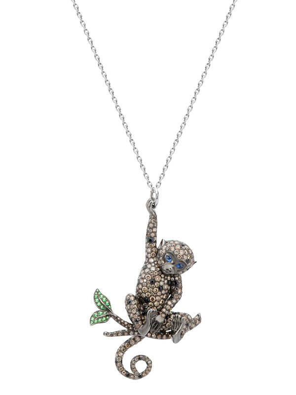 Колье Roberto Coin Animalier из белого золота с коричневыми, синими и черными сапфирами, коричневыми бриллиантами, зелеными гранатами и рубином