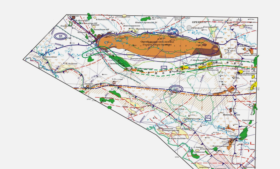 Фрагмент тектонической схемы юга Оренбургской области  (2016 г.) Источник: http://elib.osu.ru/bitstream/123456789/11791/1/93196_20190408.pdf