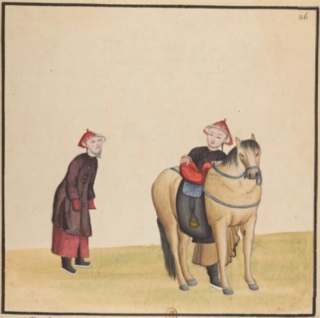 26. Молодой Тартар, который  спешился, чтобы поприветствовать друга своего отца,  не осмеливаются  идти перед ним и поставил только ногу в стремя, ожидая, когда тот  отвернётся, чтобы вскочить на свою лошадь.