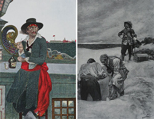 Иллюстрации. Капитан Кидд отдыхает на палубе своего корабля, Кидд на Гардинере, наблюдает за захоронением сокровищ