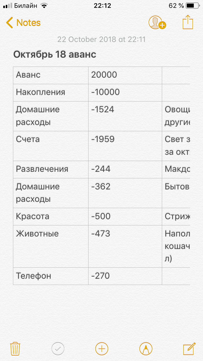 Пример таблицы с доходами и расходами в заметках