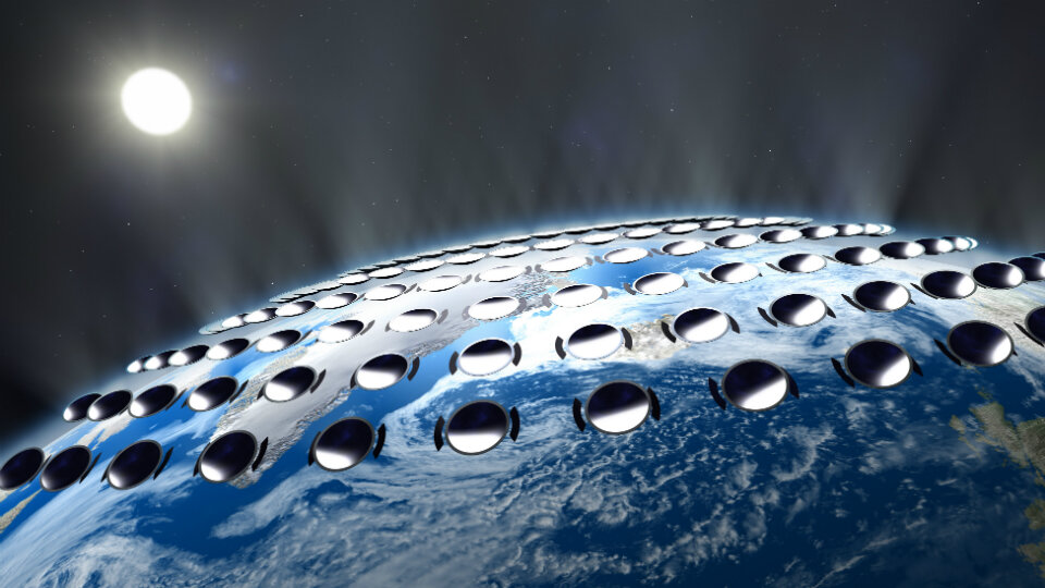 Иллюстрация проекта, предполагающего размещение на орбите "зеркал", отражающих солнечный свет, для охлаждения атмосферы Земли.