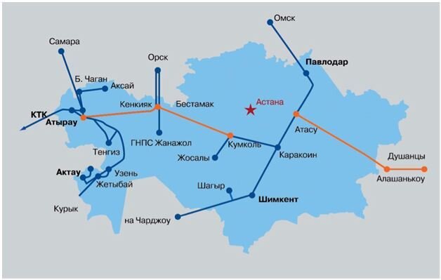  Магистральные трубопроводы Республики Казахстан. Источник: «РБК ТЭК», URL: http://tek360.rbc.ru/articles/4/.
