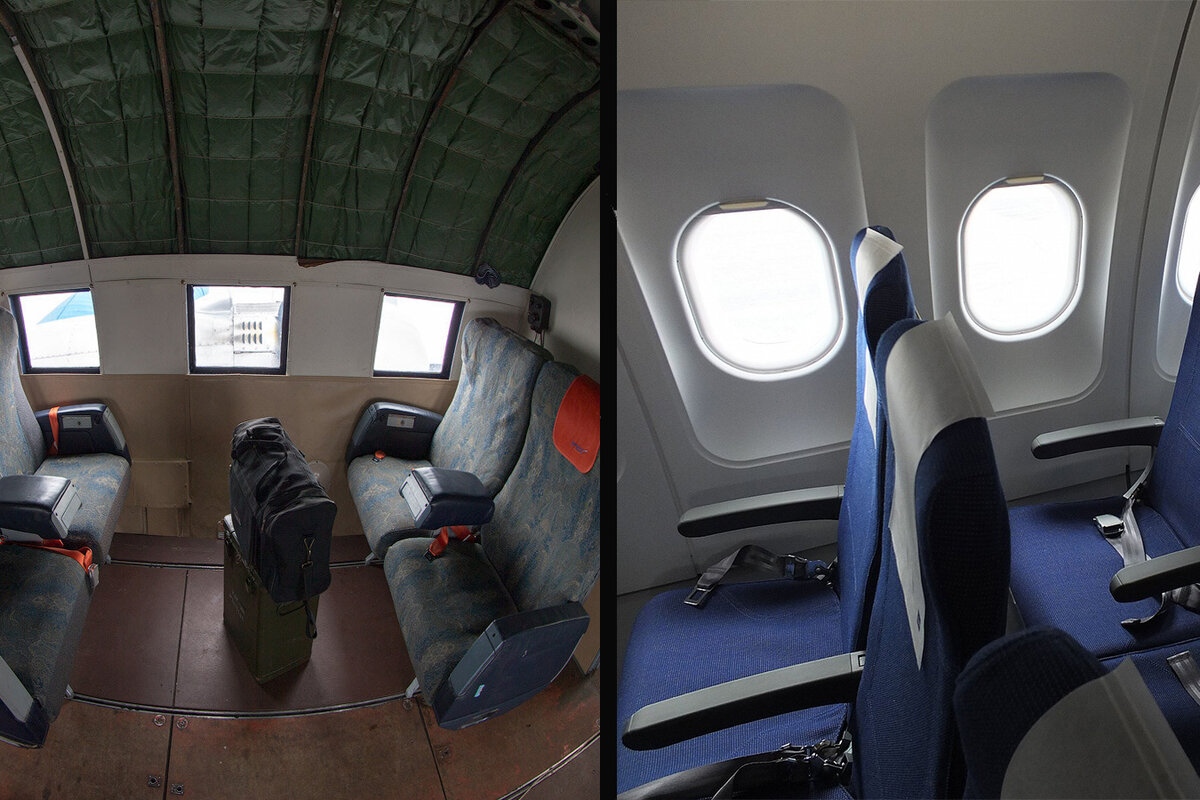 Прямоугольные иллюминаторы у Ил-14 и привычные овальные у Airbus A320