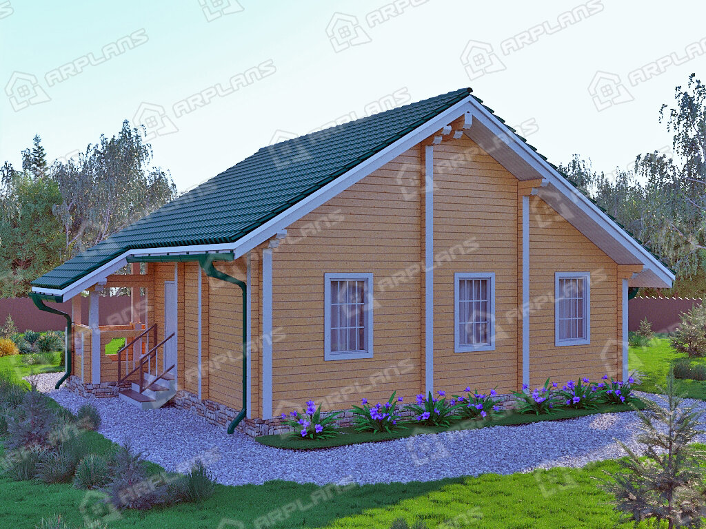 Фото 2 одноэтажного дома из бруса с террасой и 2 спальнями, 70 кв м. Источник arplans.ru Проект ДС-052