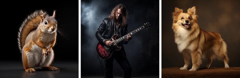 studio photo of a rock musician with guitar (squirrel, corgi), Long Shot