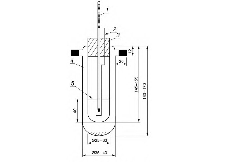 Пробирка с двойными стенками и мешалкой: 1 - термометр; 2 - мешалка; 3 - пробка; 4 - пробирка; 5 - кольцевая метка