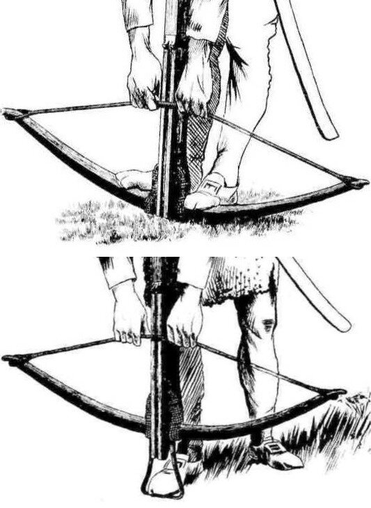 Ручное взведение арбалета: 1) без стремени, 2) со стальным стременем