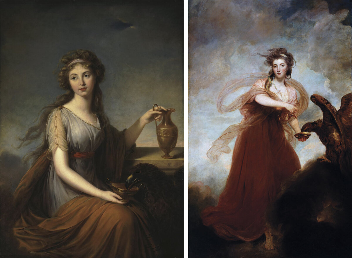 Слева: Портрет Анны Питт — Мари-Элизабет-Луиза Виже-Лебрен, 1792 г. Справа: картина Джошуа Рейнольдса, 1785 г.