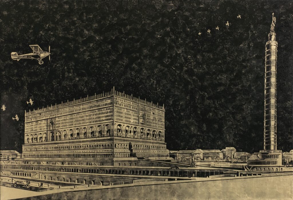 Алексей Гинтовт. Мечта 1. Проект Дворца Советов СССР (Арх. В.Щуко, В.Гельфрейх). Холст, золочение, офсетная краска, отпечаток ладони.