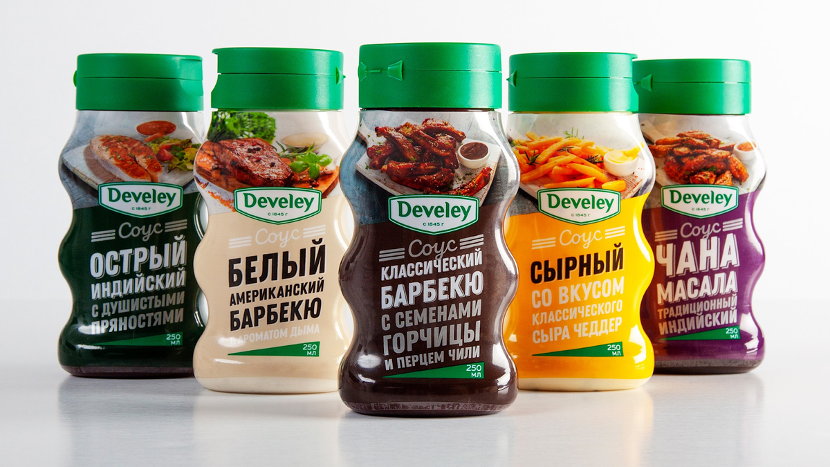 Дизайн упаковки соусов Develey. Продукт будет выделяться на полках — а значит, у него уже хороший маркетинговый потенциал. Работа Designdepot