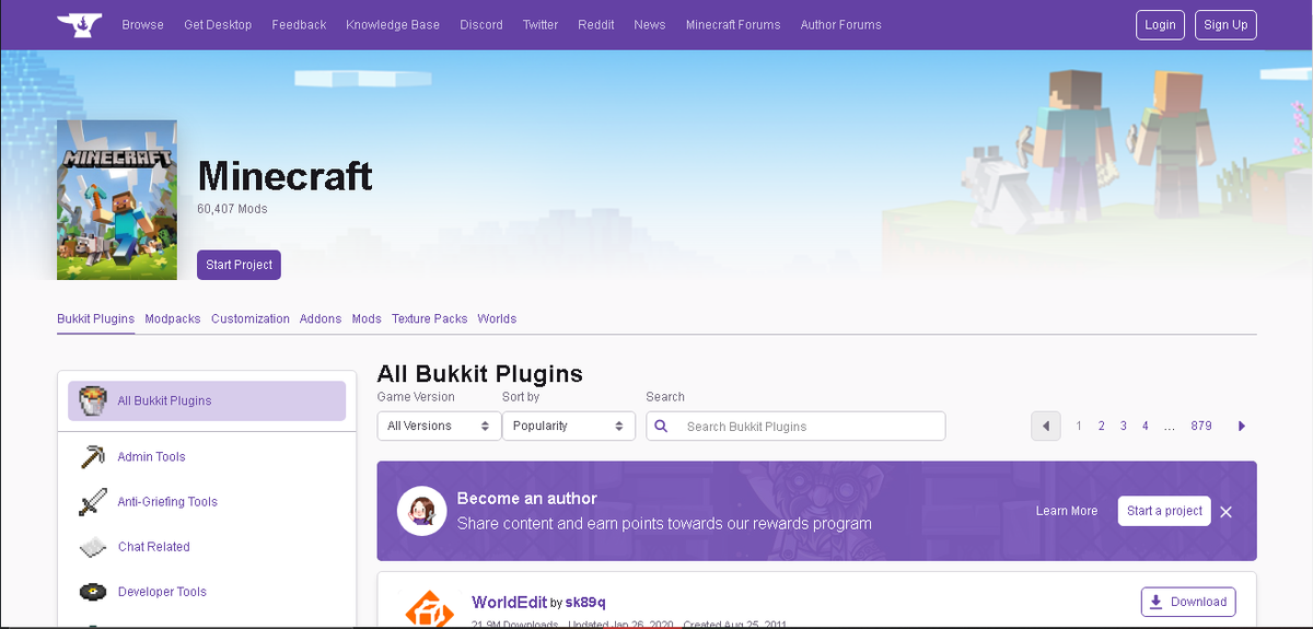 Страница плагинов CraftBukkit
