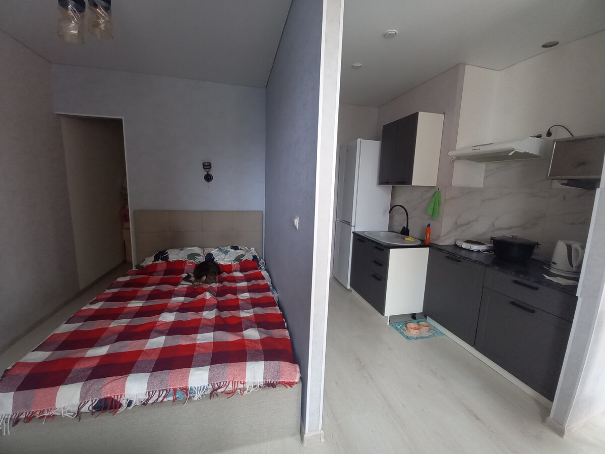 Сначала у нас не было плиты. Пользовались электрической плиткой. Потом хозяйка врезала в столешницу двухкомфорочную варочную панель