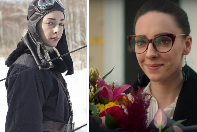 Елизавета Нилова. Слева в фильме "Ночные ласточки", 2012 год. Справа в фильме "Павлин или треугольник в квадрате", 2021 год