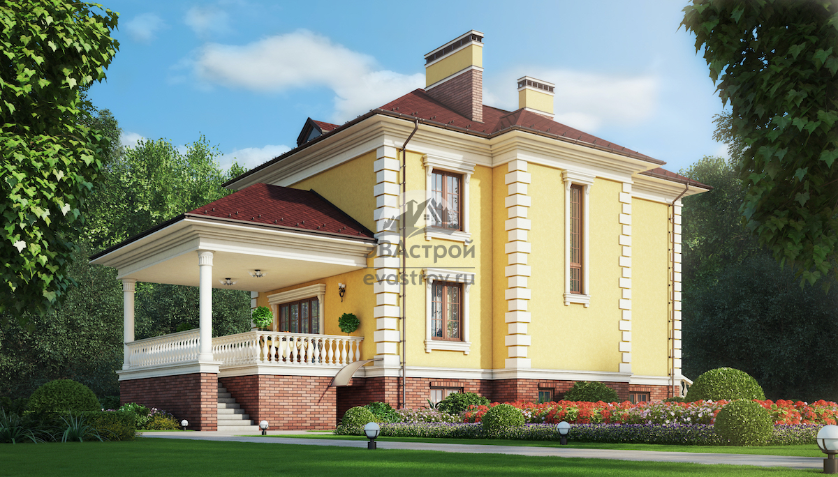 Проект двухэтажного дома 265 м2 в классическом стиле с цокольным этажом - 01-414