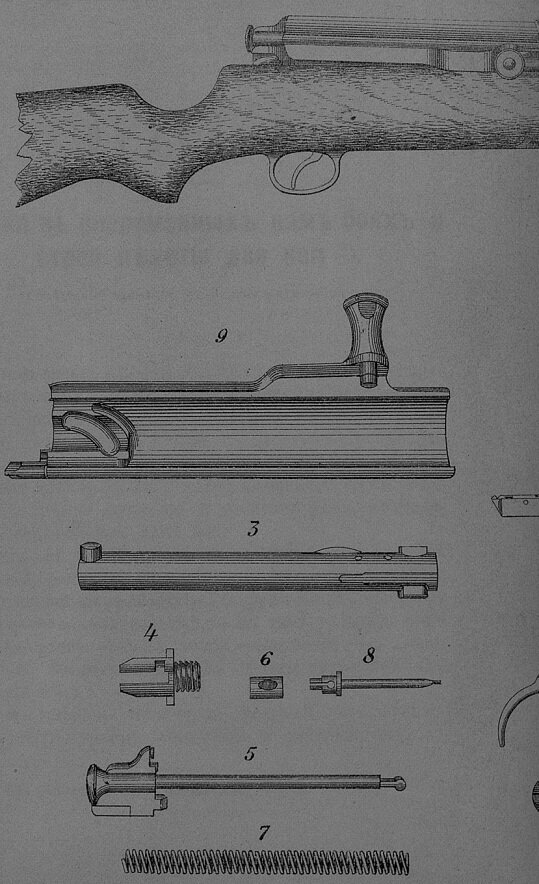 Основные детали винтовки Банга. 3. Затвор с экстрактором, 4. Пробка, 5. Курок с ударником, 6. Муфта для сборки с бойком, 7. Пружина ударника. 8. Боек ударника.
