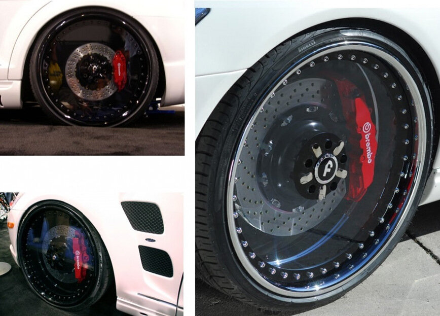  Forgiato Radurra

Очень необычные, прозрачные колесные диски, которые отлично подойдут для шоукара и демонстрации его навороченных тормозов. Благодаря применению плексигласа (скорее всего, из этого материала выполнена стенка) открывается отличная обзорность на тормозной суппорт и диск. К тому же посмотрите на эту широченную полочку, которую можно наполировать до блеска. Отличный выбор для демонстрации авто на шоу. Ездить по дорогам я бы на таких не рискнул.
