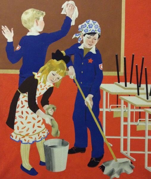 Художник Афанасьева М.Л. "Уборка в классе". Такого сейчас, конечно, нет. Это осталось в нашем советском детстве.
