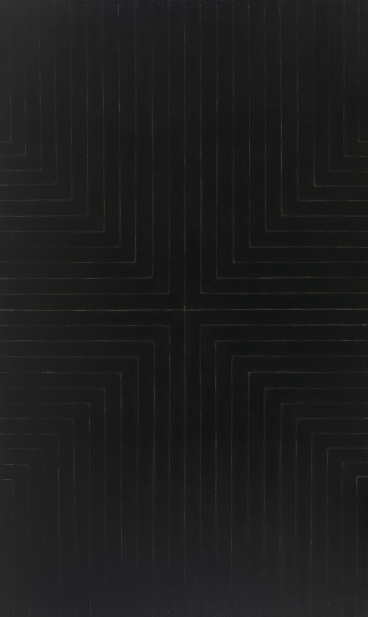 Фрэнк Стелла "Die Fahne Hoch!" ("Знамёна ввысь!") (1959 г.) - эмалевая краска, холст - 308.6 х 185.4 см. - Музей американского искусства Уитни, Нью-Йорк, Нью-Йорк, США