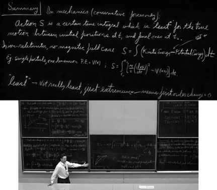 Фото лекции Ричарда Фейнмана, на которой он рассказывает, что фундаментальные законы можно облечь в форму принципа наименьшего действия. Источник фото и стенограмма лекции: https://www.feynmanlectures.caltech.edu/II_19.html