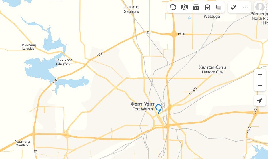 Форт-Уэрт и озеро к северо-западу от города на карте