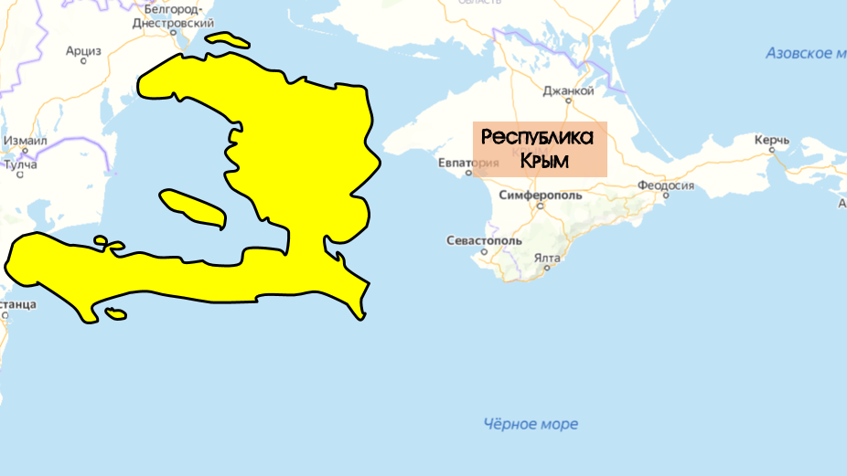 соотношение размеров Республики Гаити (слева) и Республики Крым