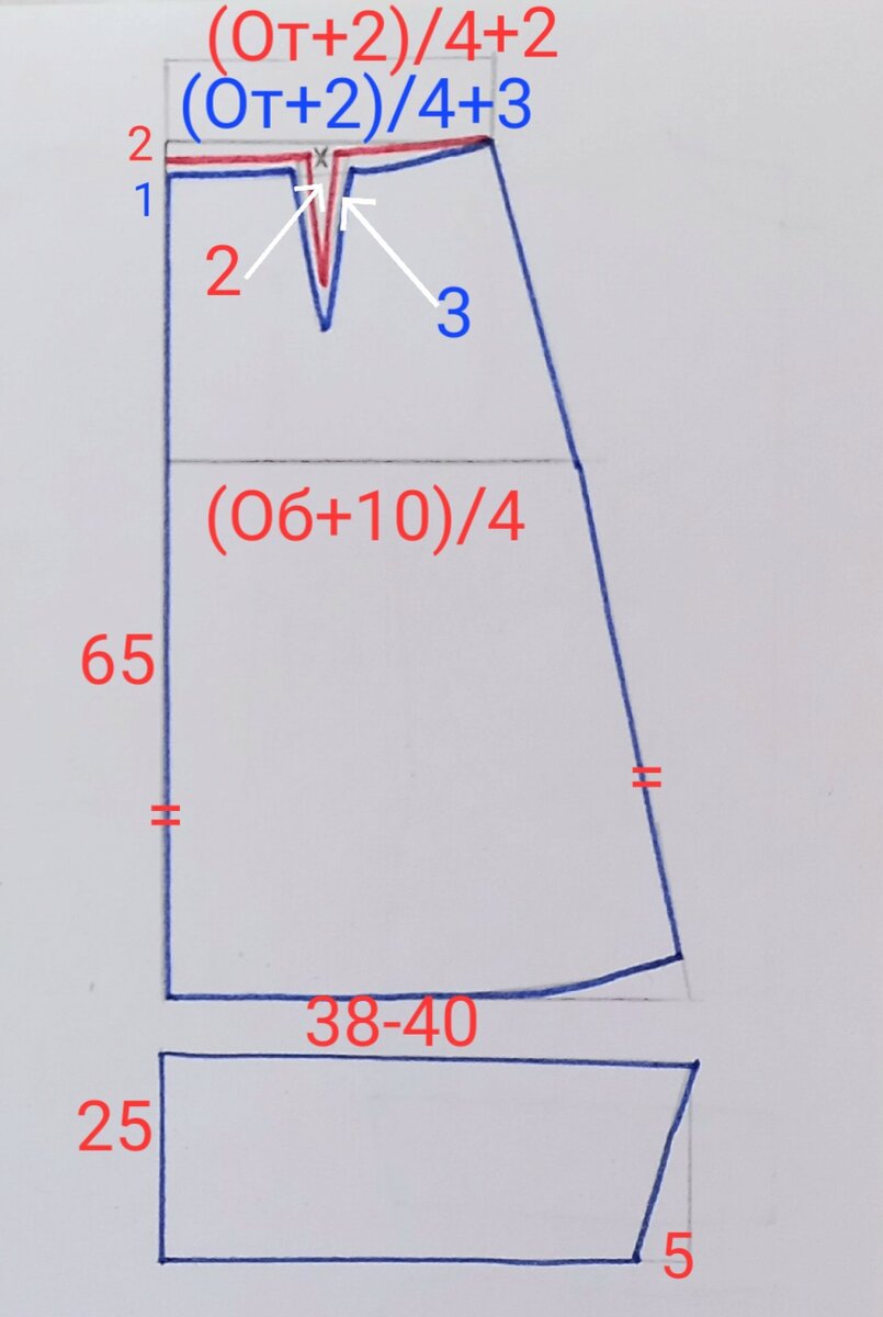 Синим показаны мерки для спинки. Красным для переда. Длина вытачки 10 см для переда и 12 см для спинки.