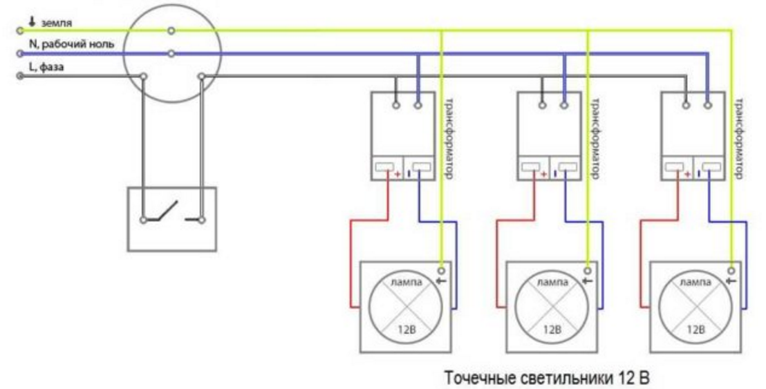 Схема проводки точечных светильников Схема подключения светильников потолке