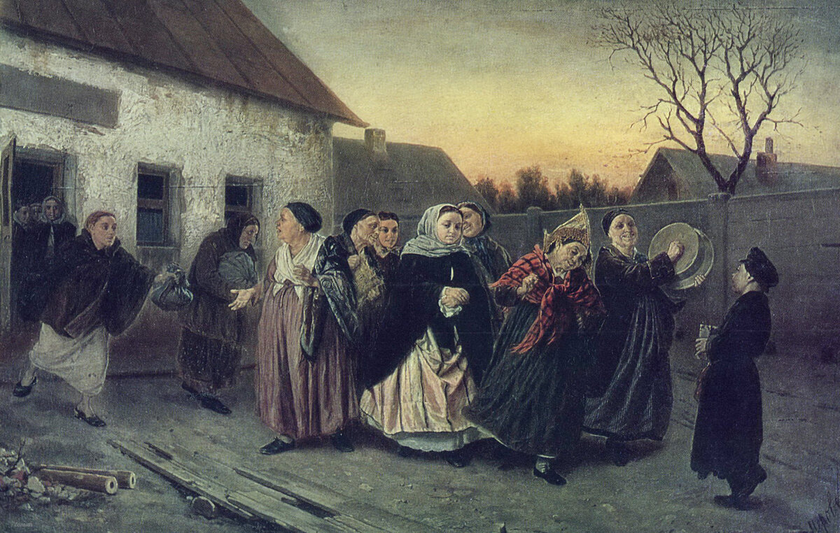 В.Г. Перов "Проводы невесты из бани" радость и торжество на картине, только и тут невеста почему то без улыбки. Она в центре в черной накидке, если кто не понял)) 