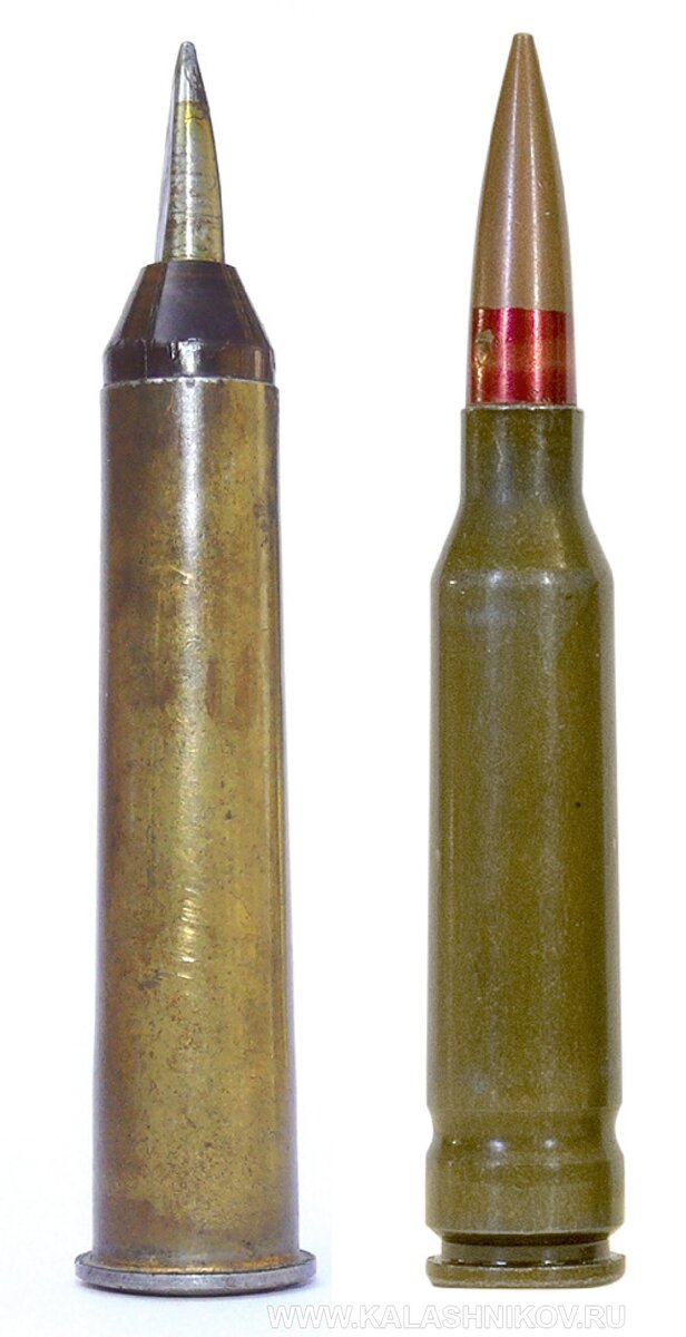 10/4,5-мм опытный винтовочный патрон со стреловидной пулей (слева) и 6-мм опытный винтовочный патрон