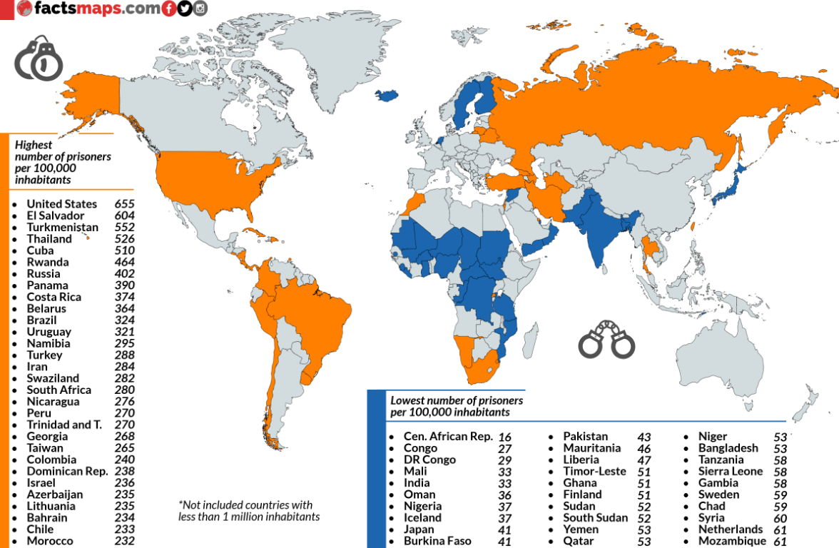 Число заключенных в странах мира по отношению к 100.000 человек.