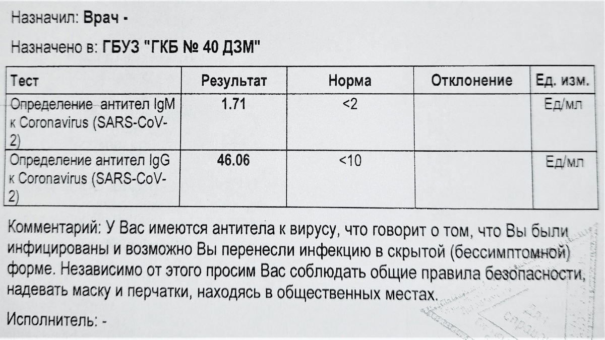 Результат теста на COVID-19