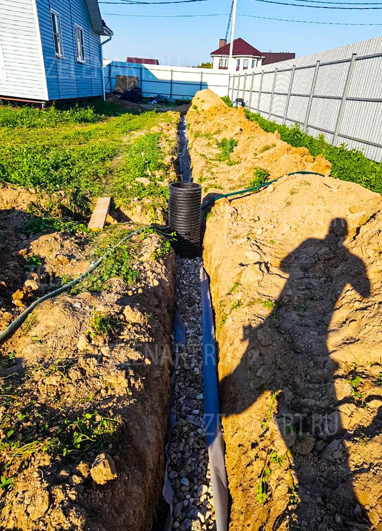 Установка дренажной системы с смотровыми колодцами.