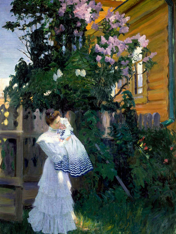 Б.Кустодиев «Сирень. Изображены Юлия Евстафьева Кустодиева, жена художника, с дочерью Ириной», Государственный Русский музей