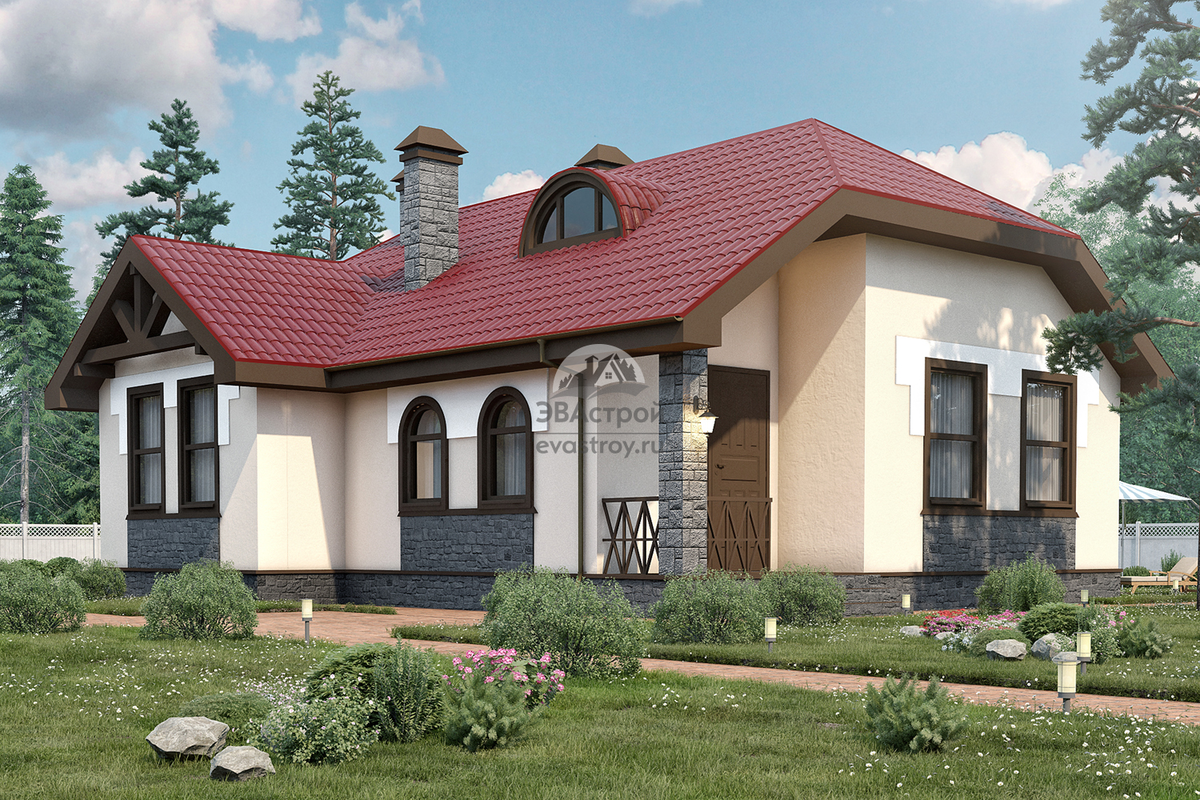 Проект одноэтажного дома 103.9 м2 с эркером и крыльцом - KVR-14