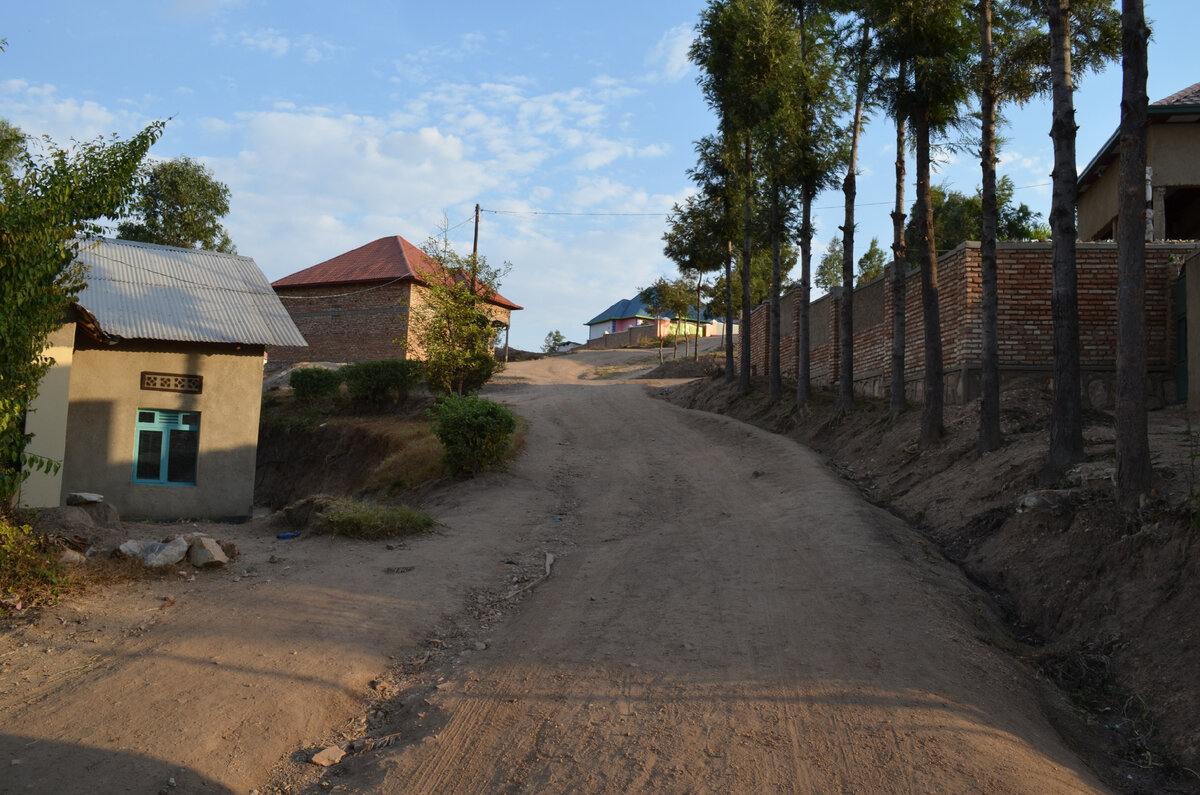 Грунтовая улица в Руандийской деревне. Банановые плантации рядом с домом. Козы... Саманные домики. Эти саманные дома отштукатурены цементом. Чистая одежда, опрятный внешний вид.