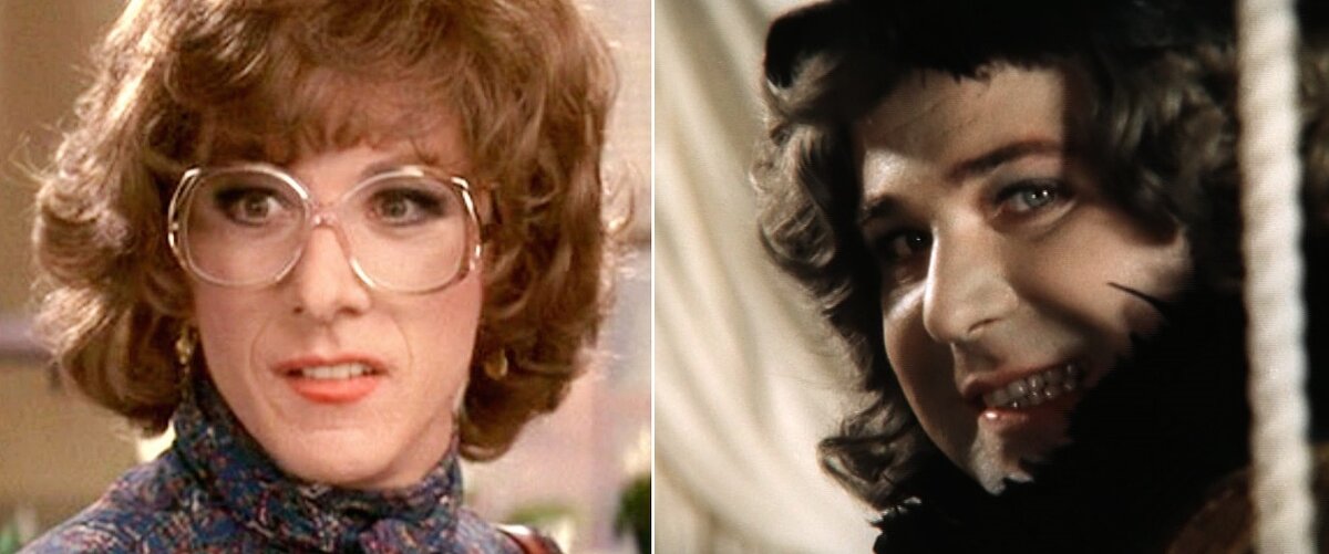 Дастин Хоффман и Александр Калягин в ролях мужчин, вынужденных переодеться в женщин. Скриншоты экрана.