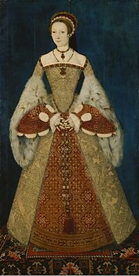 Екатерина Парр, последняя жена Генриха VIII, 1545 год. Испанские фижмы имеют форму конуса и равномерно ниспадают от талии на пол.
