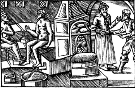 Гравюра 1555 года, Печь находится по середине и используется для приготовление хлеба с одной стороны и нагрева воды для омовений с другой.