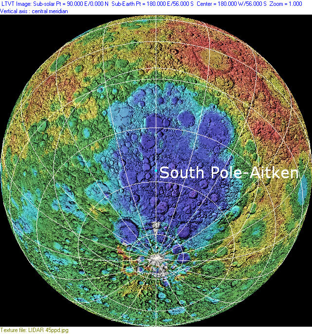 Кратер Айткен на фото как синяя клякса. Диаметр 2500 км и от удара подобного тела Луна разлетелась бы в щепки