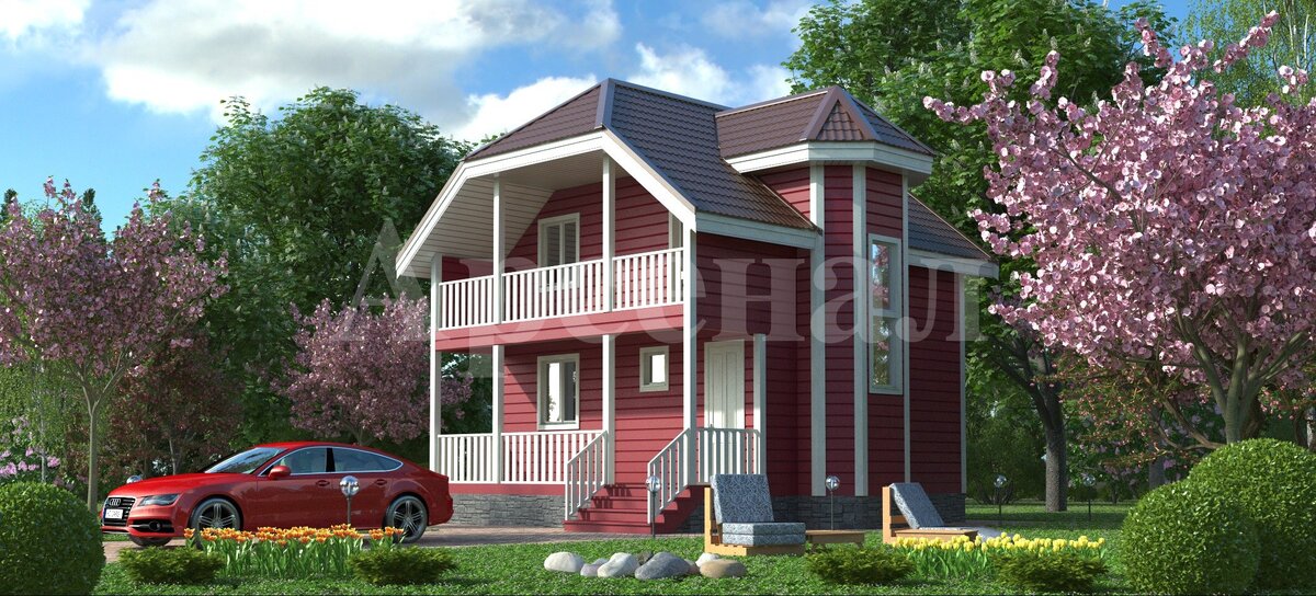 Яркий цвет, навесной балкон, широченное крыльцо, и небольшой, но эркер!