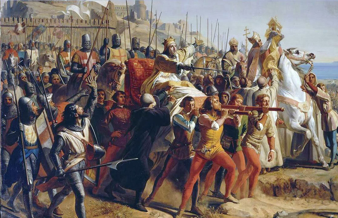 Ш.-Л. Лавивьер  "Король Балдуин командует войсками в битве при Монжизаре". На картине король на носилках, проказа часто лишала людей способности ходить, поражая ноги. 