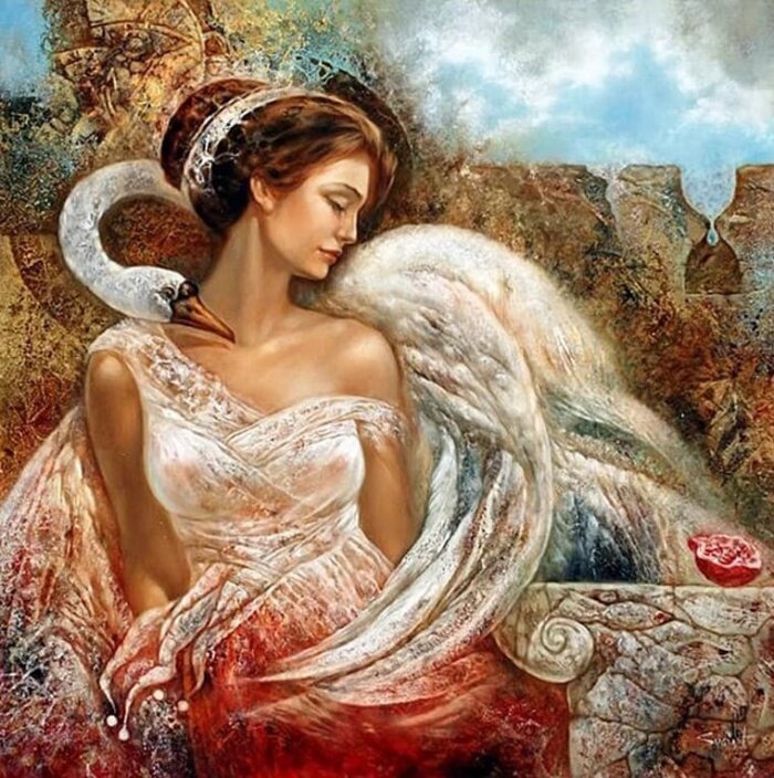 Женщина на лебеде. Картины художника Stanislav Sugintas.