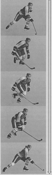 Фаза свободного проката характеризуется инерционным скольжением хоккеиста на одном коньке. Она непродолжительна по времени (до 0,1 с) и характеризуется незначительным снижением скорости и ускорения. Величина усилий, развиваемых хоккеистом при давлении лезвием коньков в лед, примерно равна массе его тела, так как мышцы ног — разгибатели бедра и голени (четырехглавая, икроножная и большеберцовая) — выполняют удерживающую работу, в то время как сгибатели бедра (двуглавая) находятся в состоянии малой активности (отдыхают). В этой фазе туловище хоккеиста наклонено вперед, толчковая нога согнута в коленном и голеностопном суставах. Плечи и грудь развернуты перпендикулярно направлению движения, голова держится прямо, клюшка хватом двумя руками находится впереди, перед грудью.