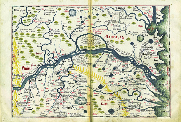 Чертежная книга Сибири, составленная тобольским сыном боярским Семеном Ремезовым. Тобольск, 1701 год. Лист 13: Чертеж Земли Туруханского города