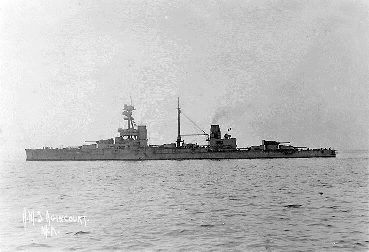 1914 HMS “Agincourt” ex-Sultan Osman I (30250 t., 40270 hp., 22 kn., 14x305 mm., 18x152 mm., 10x76 mm., belt 102-229 mm deck 25-65 mm., crew 1267).