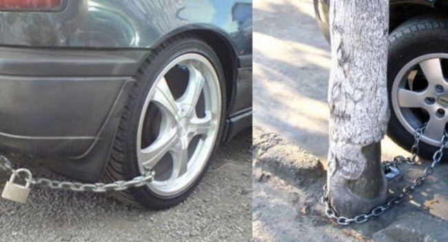 В некоторых случаях автомобиль просто приковывают к дереву или столбу при помощи цепи. Схема развода остается такой же – имеется записка с требованием перечисления денег.