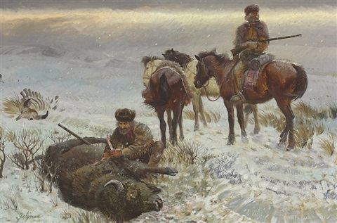 Охотник на волков кладет отраву в тушу бизона. Худ.  Джон Форд Климер