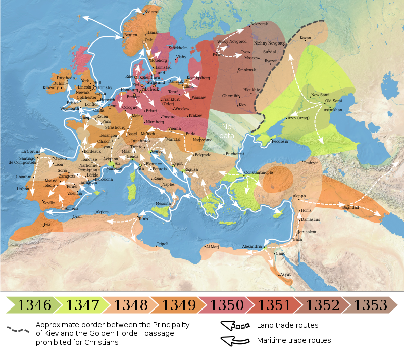 
Распространение чумы в Европе и на Ближнем Востоке в 1346—1353 годы
Источник фото: ru.wikipedia.org