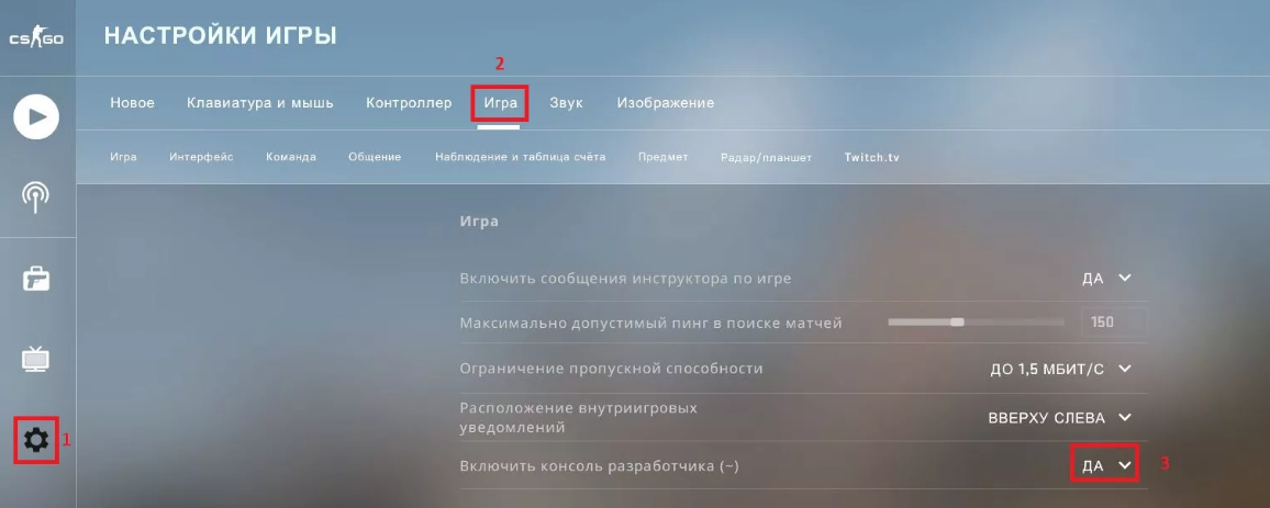1 - настройки, 2 - вкладка "игра", 3 - включить консоль разработчика - "да"